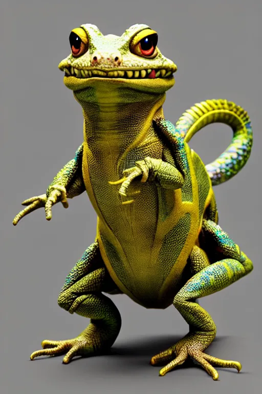 Prompt: high quality 3 d render hyperrealist very cute happy chameleon wearing armor, vray smooth, detective pikachu, very dramatic light, low angle, uhd 8 k, shallow depth or field