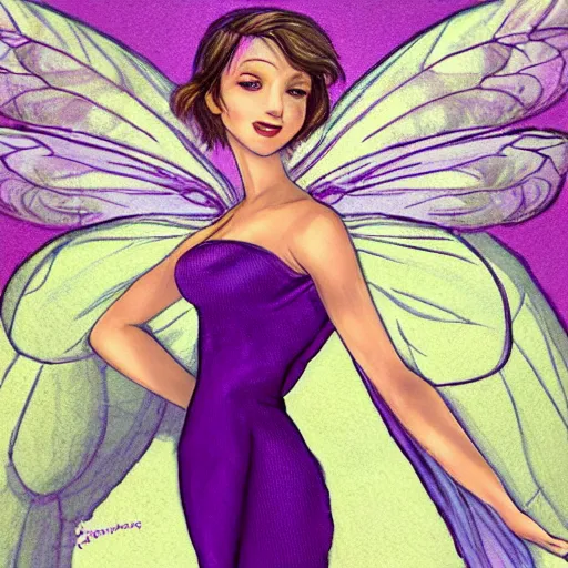 Image similar to very very very beautiful tiny fairy woman in her 20s with fairy wings wearing skintight purple dress, making eye contact, smiling, flirty, perfect body, perfect face, drawn by charles bowater