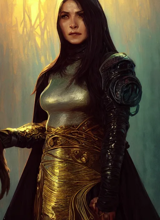 Image similar to medium-length portrait of a female dragonborn wizard with black scales and golden eyes, wears a dark robe, medieval fantasy setting, highly detailed, digital painting, artstation, concept art, sharp focus, illustration, art by greg rutkowski and alphonse mucha