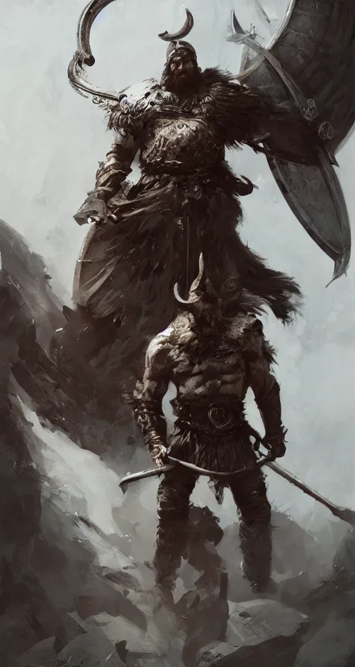 Image similar to the viking stands triumphantly as he enters the gates of valhalla. highly detailed, digital painting, artstation, smooth, sharp focus, illustration, masterpiece, art by ruan jia and jakub rebelka and artgerm