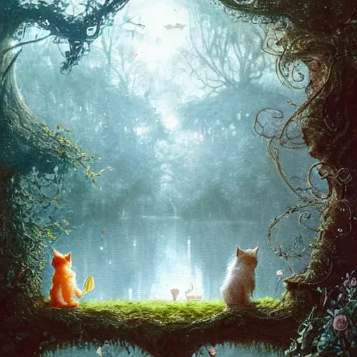 Image similar to two kittens in the enchanted forest watching the goldfish in the stream, fantasy, intricate, extremely detailed, matte, artstation, art by greg rutkowski, louis wain, alan lee