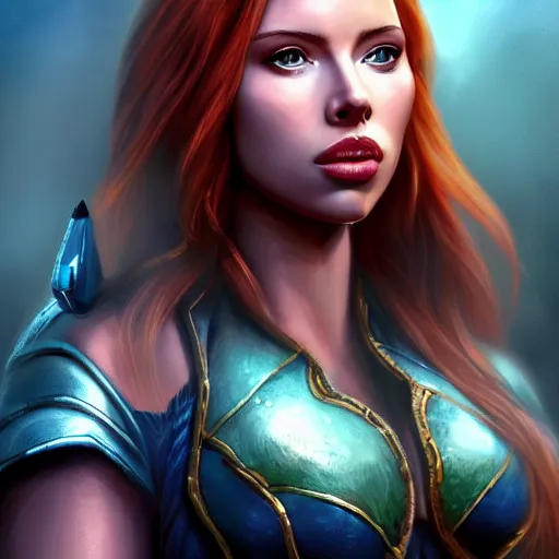 Prompt: Ultrarealistic illustration scarlet johansson as kleia from warcraft, ascended, angel, blue, portrait, beautiful, cyberpunk, sci-fi fantasy,intricate,elegant,highly detailed, digital painting, artstation, concept art,