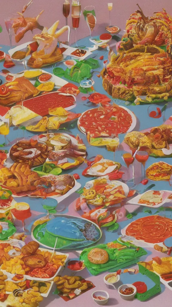 Image similar to 1 9 8 0 s airbrush surrealism illustration of a spread of party food, by ryo ohshita