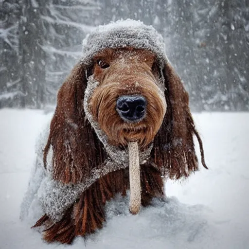 Image similar to Giant woolly dachshund with mammoth tusks, in the middle of a snow storm