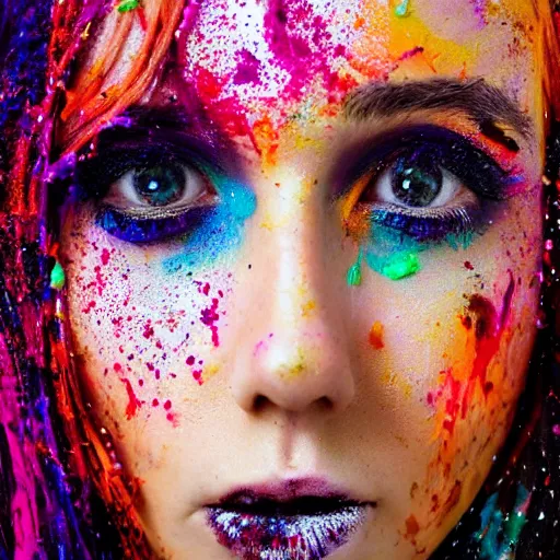 Image similar to portrait photography, stunning woman with deep amber eyes, splattered with shimmering colorful paint