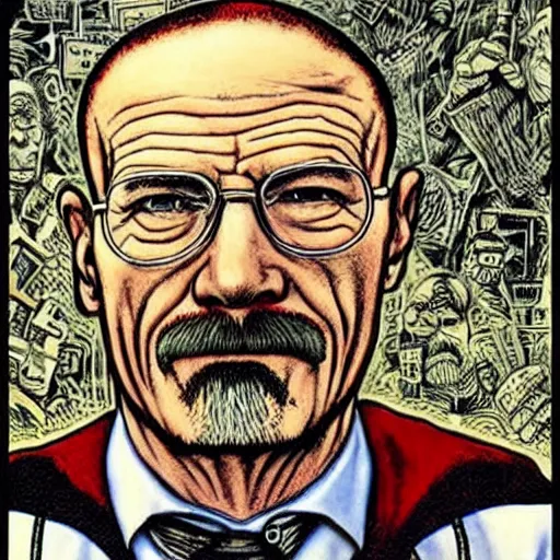 Image similar to The Artwork of R. Crumb and his Cheap Suit Breaking-Bad-Walter-White meth-lab, wearing a bio-hazard suit pencil and colored marker artwork, trailer-trash lifestyle