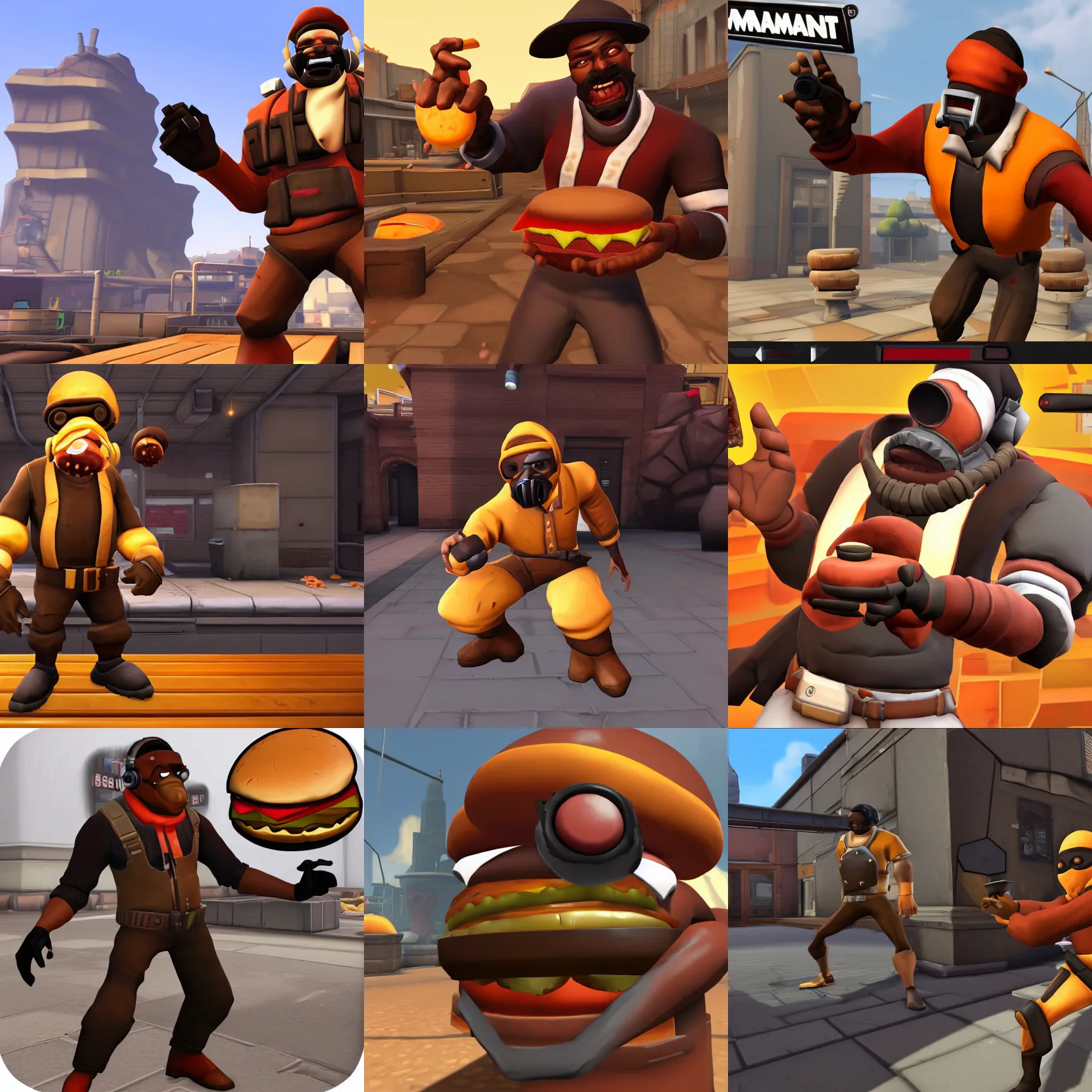 Prompt: the demoman from tf 2 offering a hamburger, video game screenshot