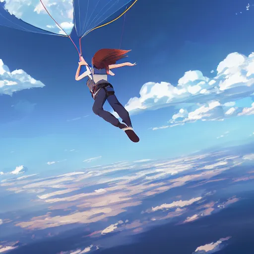 Prompt: a girl parachuting from the sky, perspective piece, anime scene by Makoto Shinkai, concept art, 4k