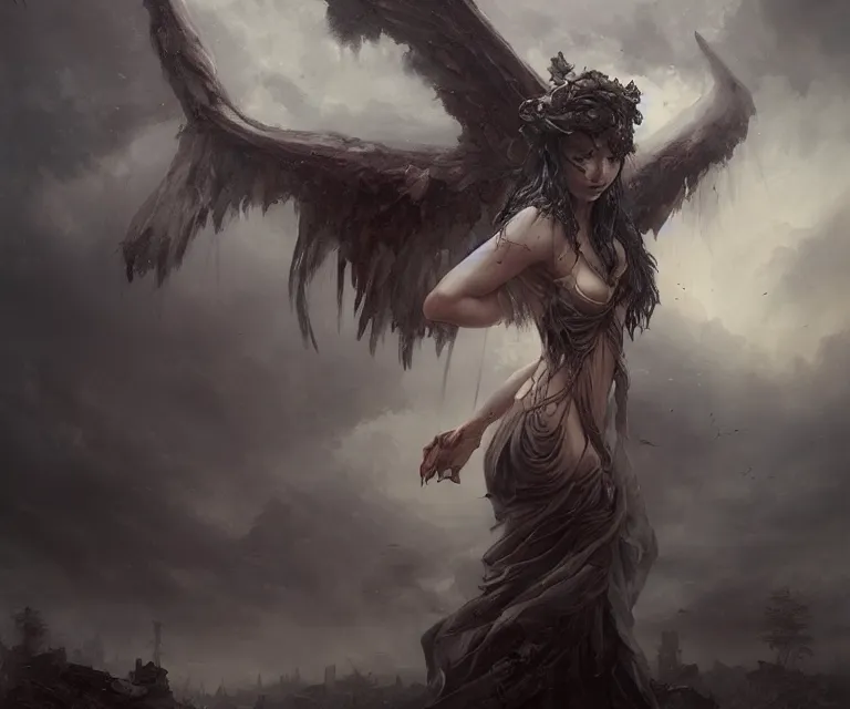 Prompt: a beautiful classical painting of a fallen dark angel, horror, backlit, gloomy sky, highly detailed, by bastien lecouffe deharme and ina wong and artgerm and dan mumford, vivid colors, detailed shading, 8 k resolution, intricate, smooth