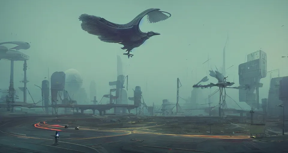 Image similar to A Giant Mechanical bird looms in the distance, mechanical bird, very hazy, rendered by simon stålenhag, rendered by Beeple, Makoto Shinkai, syd meade, environment concept, digital art, starwars, unreal engine, 3 point perspective, WLOP, trending on artstation, low level, 4K UHD image, octane render,