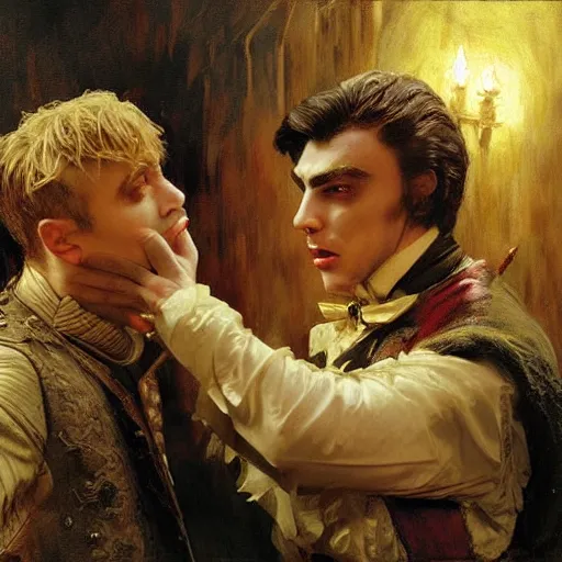 Image similar to attractive male, arthur pendragon confesses his love to attractive male dracula the vampire. highly detailed painting by gaston bussiere, craig mullins, j. c. leyendecker 8 k