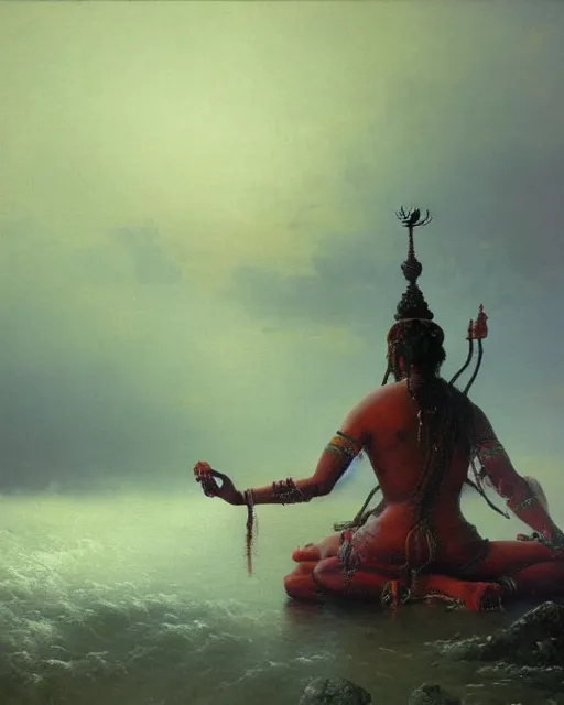 Image similar to One many-armed Shiva sits. In the background gasoline on the water. High detail, hyperrealism, masterpiece, close-up, ceremonial portrait, solo, rich deep colors, realistic, art by Yoshitaka Amano, Ivan Aivazovsky