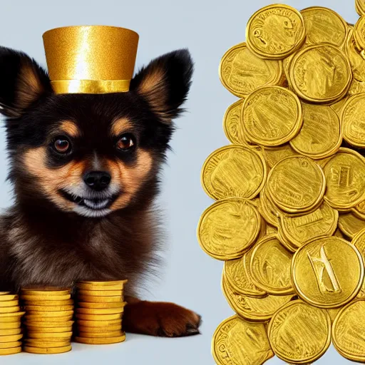 Image similar to A tan pomeranian wearing a top-hat, sitting on top of a large pile of gold coins