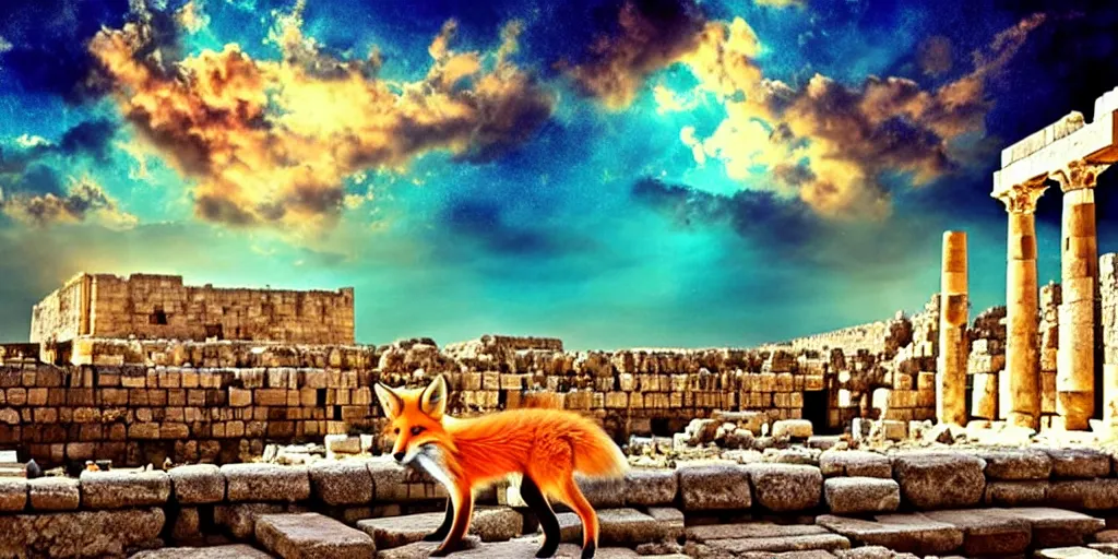 Image similar to a beautiful small fox in the huge ruins of the second temple in jerusalem, dreamy sky, the third temple hovers quietly hiding in the sky above, very colorful painting 8 k trending on art station, intricate superb details, digital art, very very very realistic, cinematic lighting, volumetric lighting, photographic, blur bokeh defocus dof sky by afremov.