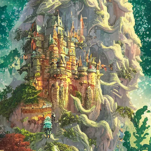 Prompt: in the middle of the fantastic wilderness stands castles, dream, ghibli, rich colors, height lighting, illustration, crazy detail, hyper - detail