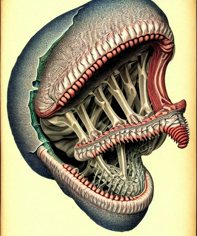 Prompt: hyper-detailed color pencil antique medical illustration of Kaiju head crosssection, nautilus brain, ribcage, xhenomorph, with tongue coming out of open mouth and exposed jaw bone, symmetrical