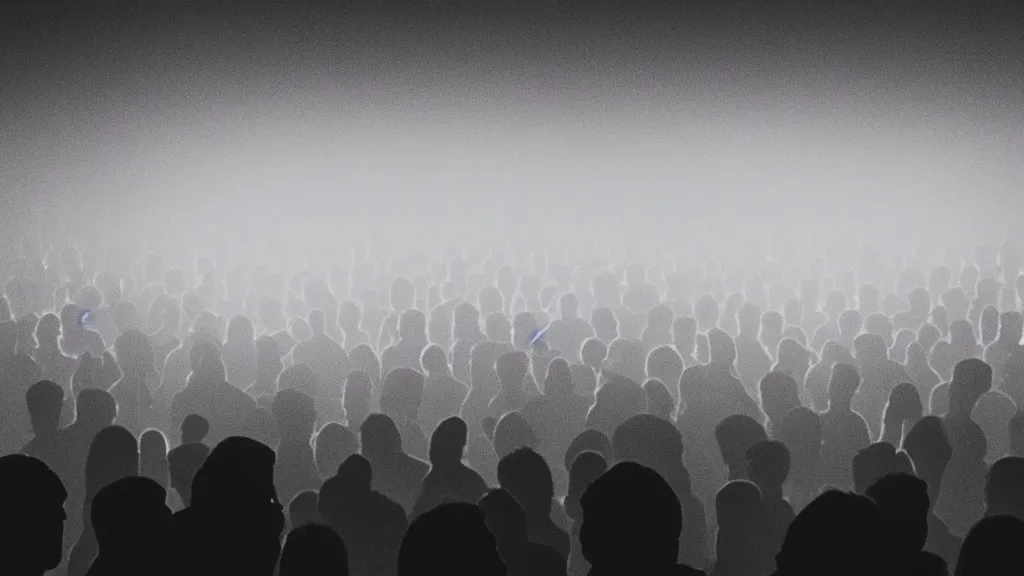 Prompt: crowd of people silhouetted against a white led wall, hazy, film still