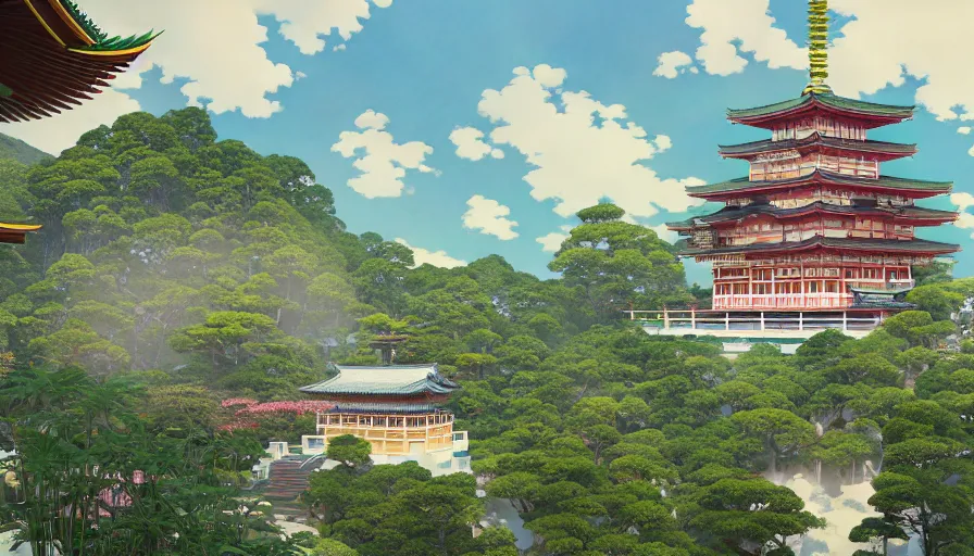 Image similar to misty clouds, japanese buddhist temple with lush plants and secret doors, wes anderson style hotel temple, magic chairlifts. hyper detailed, architectural concept, full building, dynamic angle, intricate, lineart, cerpuscular rays, lily flowers. by yoshitaka amano, alfons mucha and makoto shinkai. 8 k