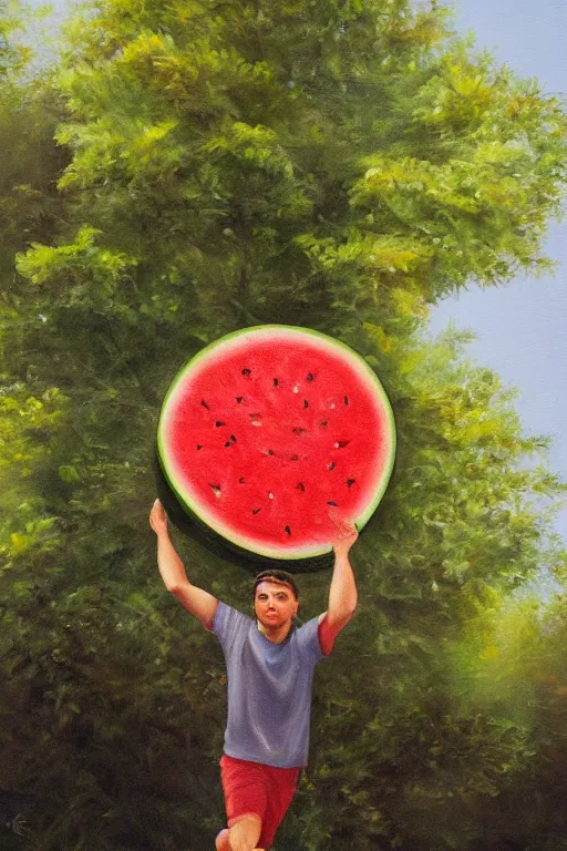 Prompt: an oil painting of a watermelon carrying a house, photorealistic, 14K HD Quality, Highly Detailed, Vibrant, more coherent, Super High Quality, hyper realistic