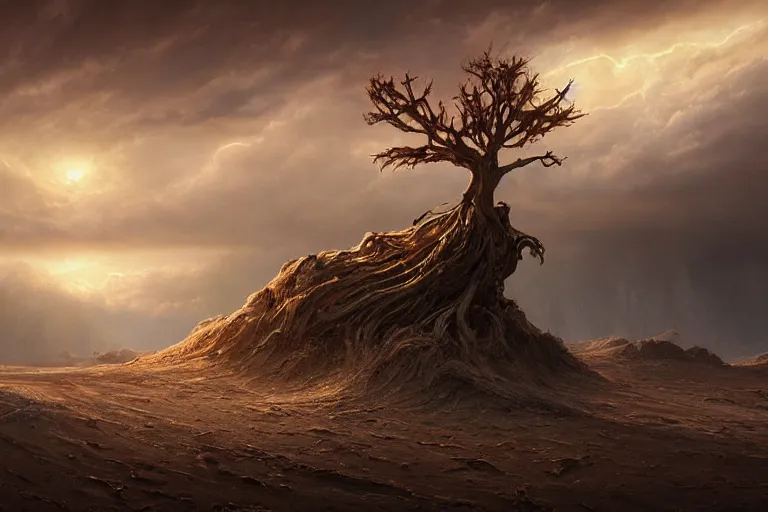 Image similar to cinematic fantasy landscape painting by jessica rossier, primordial and cosmic, desert valley of bones, an autumn maple bonsai growing alone, on a desolate sand dune surrounded by storm tossed waves hr giger