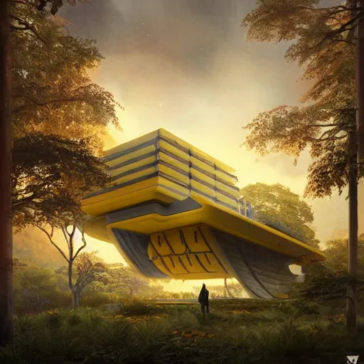 Prompt: futuristic house inspired by a tibetan palace between big trees, yellow clouds, dramatic lighting, artstation, matte painting, raphael lacoste, simon stalenhag, frank lloyd wright, zaha hadid