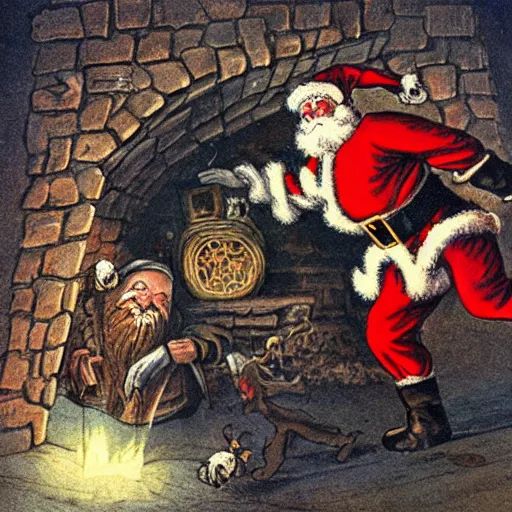 Prompt: Santa Claus squeezing into a chimney while being chased by Krampus