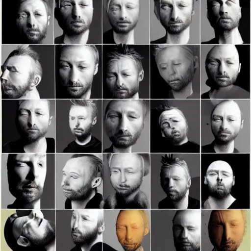 Image similar to versions collage, hyper realistic, many variations of thom yorke, very old, face variations, various emotions, various poses, high quality, brush stroke