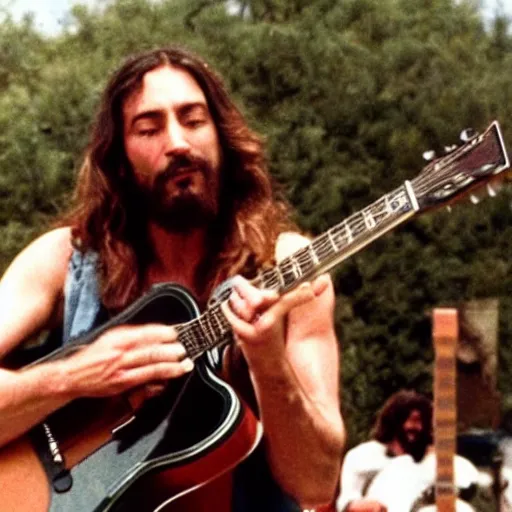 Image similar to Concert footage of Jesus playing guitar at Woodstock