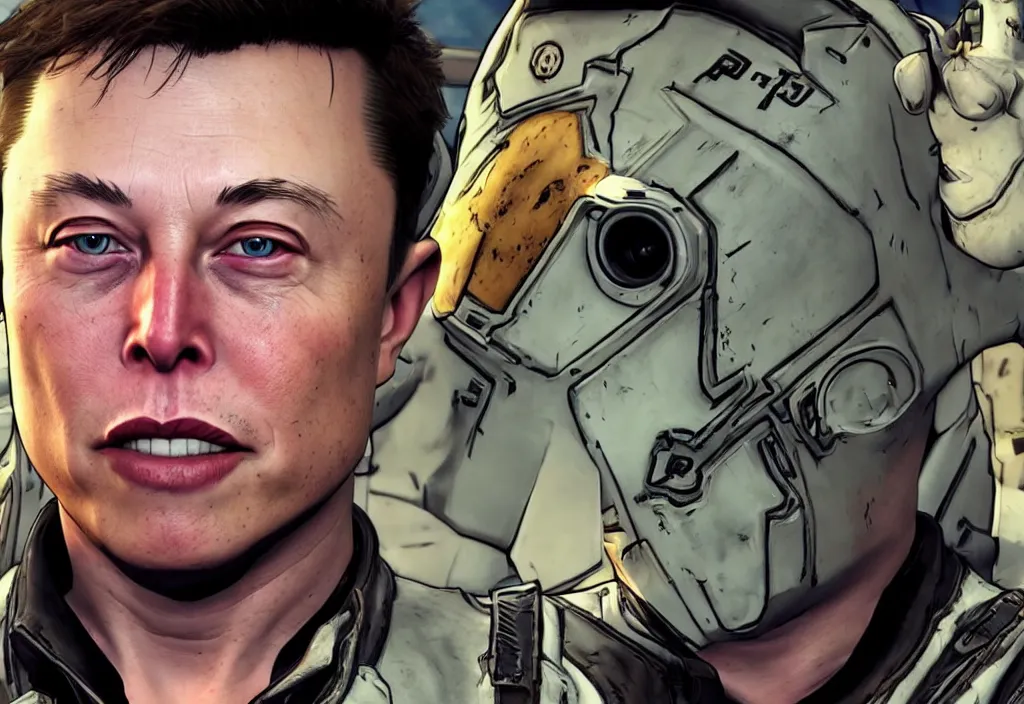 Image similar to elon musk in borderlands elon musk in the video game borderlands, gameplay screenshot, close up, 3 d rendering. unreal engine. amazing likeness. very detailed.