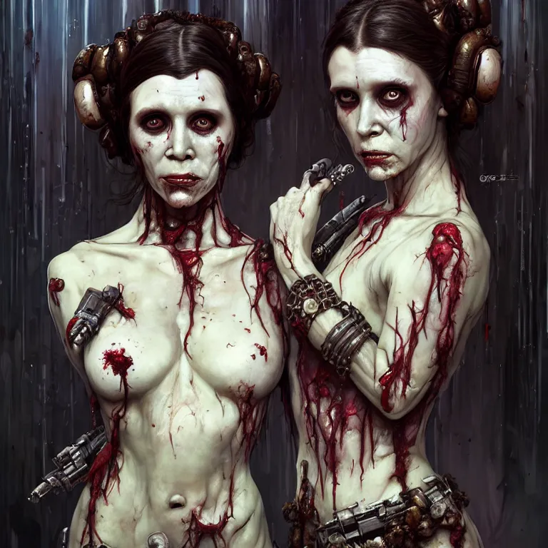 Image similar to scary horrific zombie princess leia dark fantasy, body horror, sores and scars, undead. highly detailed, biopunk, digital painting, by greg rutkowski, artgerm and alphonse mucha