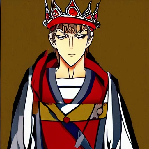 Prompt: man with a crown, smirk, anime