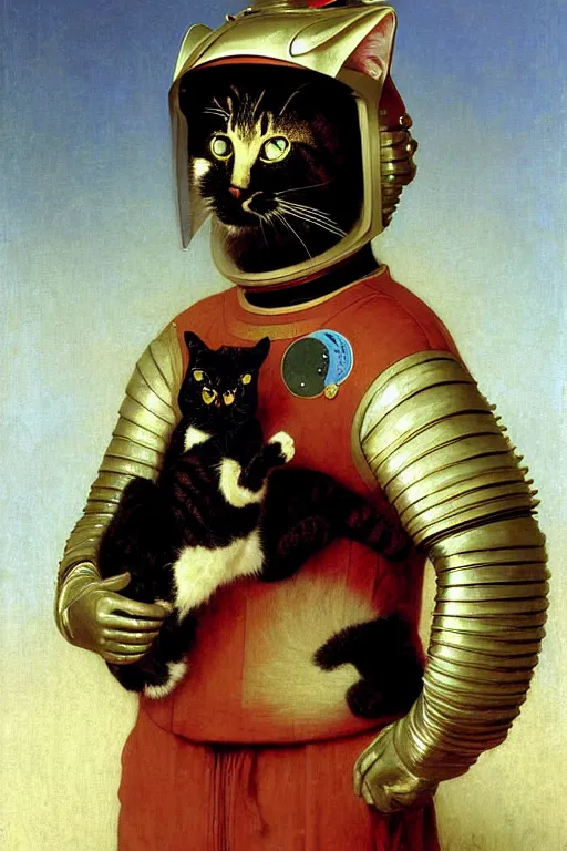 Image similar to portrait of a cat astronaut with chinese dragon armor and helmet, majestic, solemn, by bouguereau