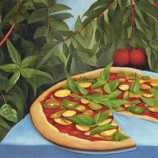 Image similar to A magaritha pizza on a marble table in a garden by Henri Rousseau