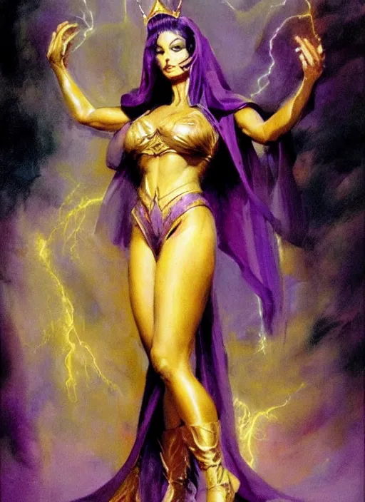 Prompt: portrait of plump female sorceress, golden tiara, purple robe and veil, lightning halo, strong line, muted color, beautiful! coherent! by frank frazetta, by boris vallejo