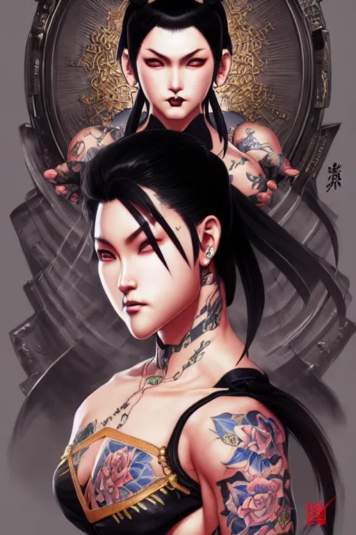 Image similar to portrait of goth Chun Li with yakuza tattoos, Street fighter, intricate, elegant, highly detailed, digital painting, artstation, concept art, smooth, sharp focus, illustration, art by artgerm and greg rutkowski and alphonse mucha