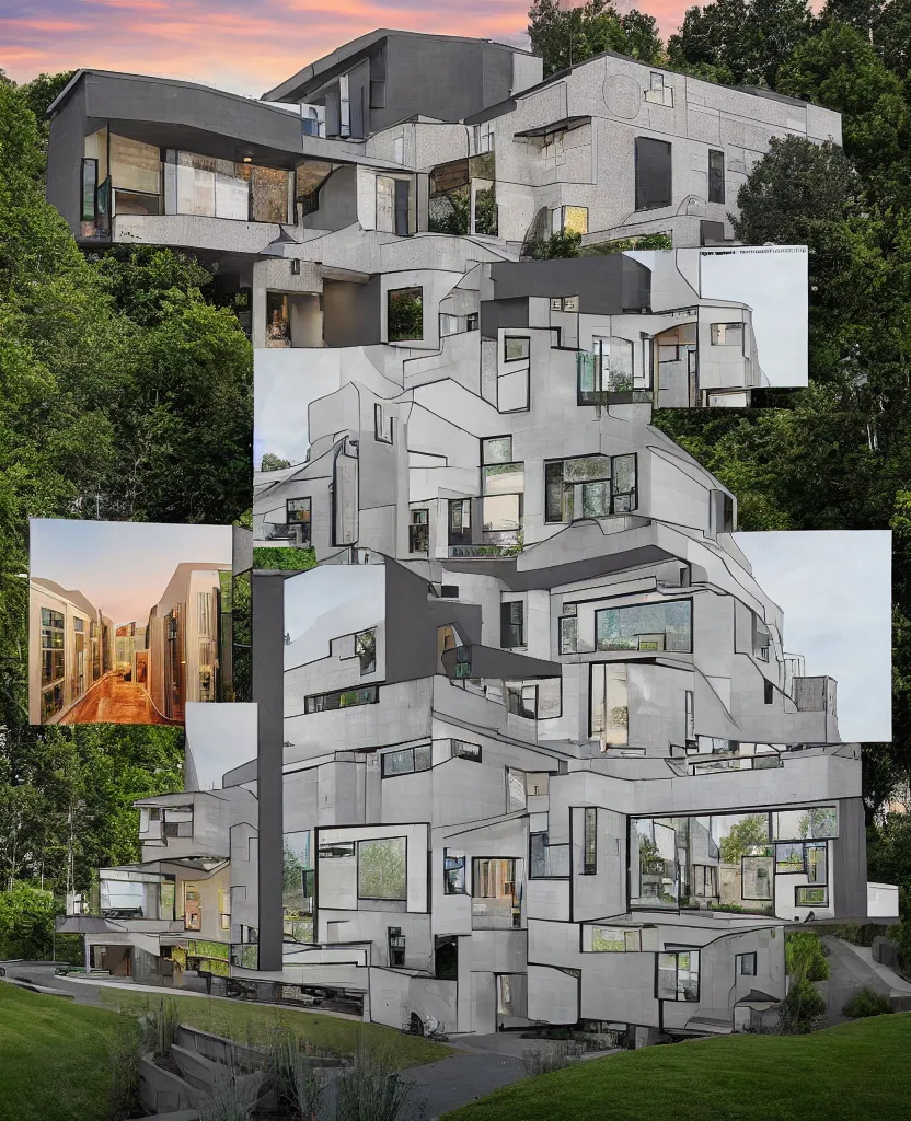 Image similar to an alex grey style home with mandelbrot architecture, fibonacci sequence windows, zillow photo, in the style of david chipperfield and gregory crewdson