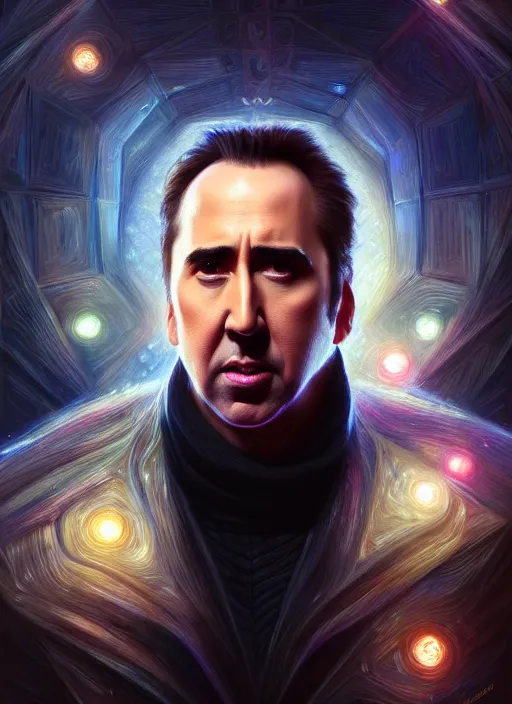 Image similar to portrait of nicholas cage losing his mind, intricate, elegant, glowing lights, highly detailed, digital painting, artstation, glamor pose, concept art, smooth, sharp focus, illustration, art by artgerm and greg rutkowski, artey freytag