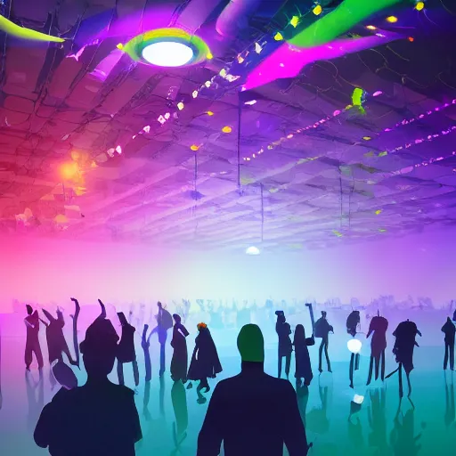 Prompt: cartoon, people communicating with each other in groups of ten, a large hall, dim painterly lighting volumetric aquatics, party