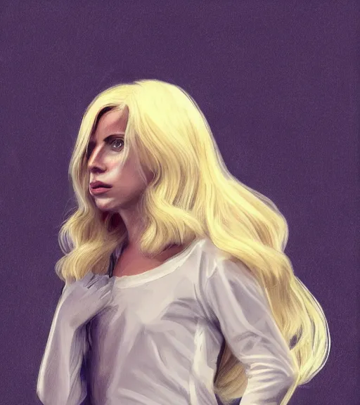 Prompt: still of lady gaga with long blonde hair, her right hand held up using the force shouting towards our pov in an episode of stranger things, intricate, elegant, highly detailed, digital painting, artstation, concept art, smooth, sharp focus, illustration, art by Phil noto