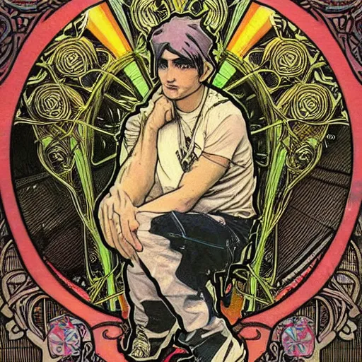 Prompt: man wearing JNCO jeans and a skull shirt from Hot Topic holding an iPod and listening to Linkin Park, art nouveau, exquisitely detailed illustration by Alphonse Mucha