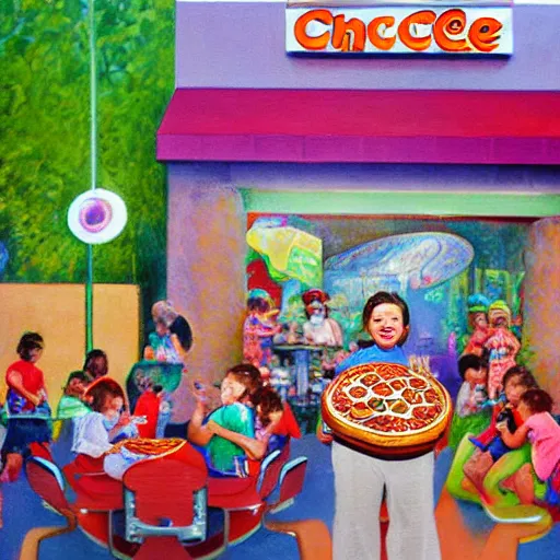 Image similar to a painting of chuck-e-cheese with kids eating pizza by monet