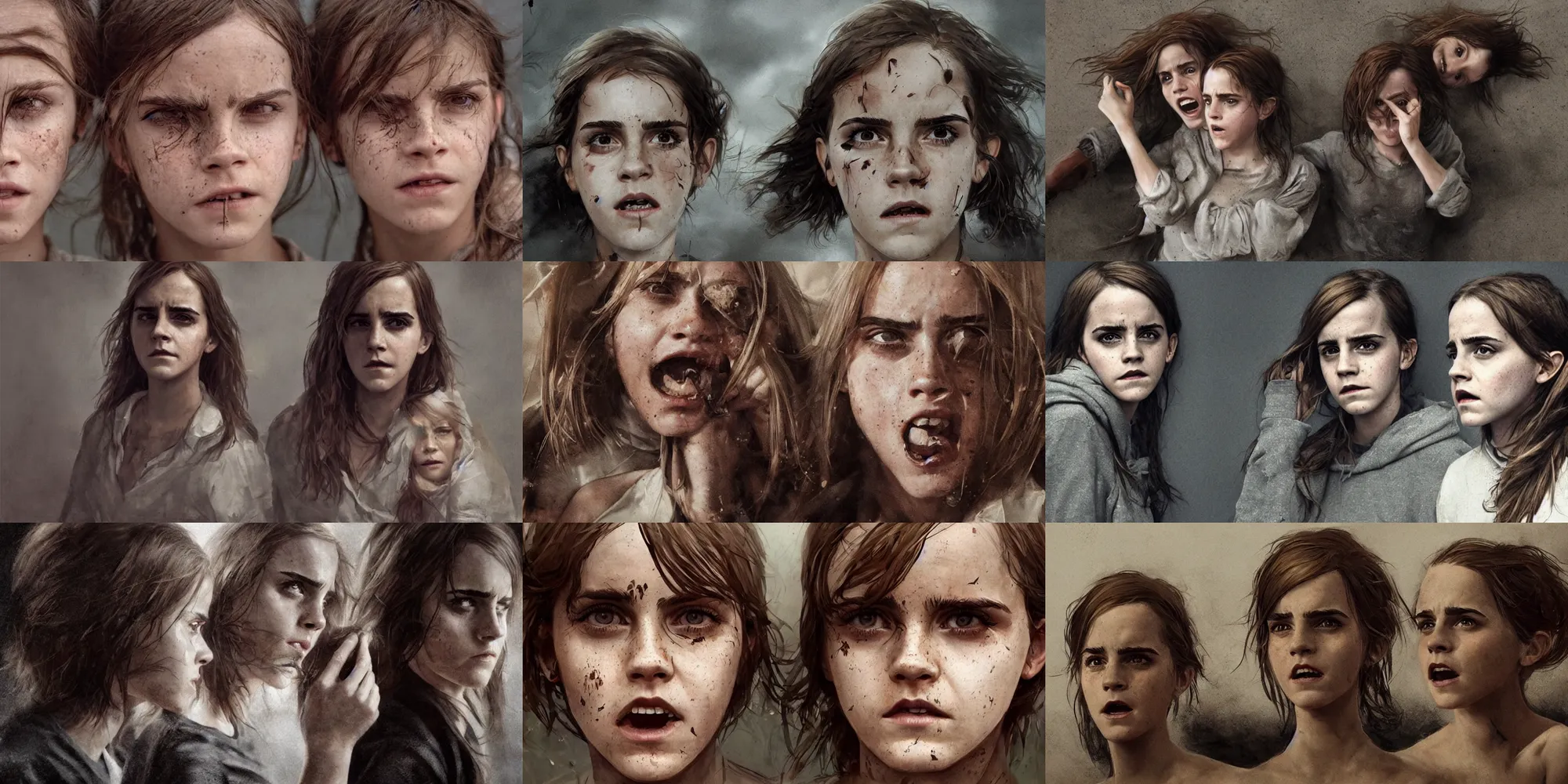 Prompt: portrait emma watson identical twins screaming greg rutkowski!!! greg rutkowski!!! james gurney james gurney canon eos david bailey!!! david bailey!!!! corinne day cinematic filmic photorealistic hyperdetailed