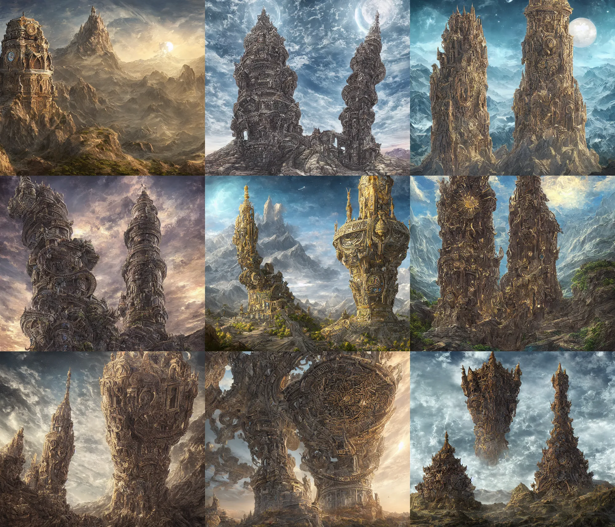 Prompt: ornate celestial tower, rising from mountain range, complex and detailed digital art, trending