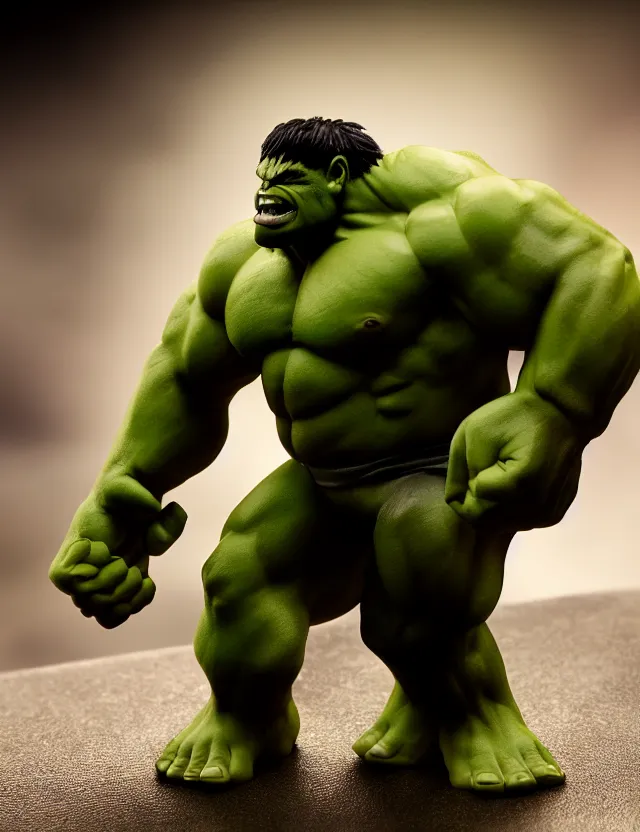 Prompt: photo of hulk but he's fat and has no muscles, 8 5 mm f / 1. 8, bokeh, backlit