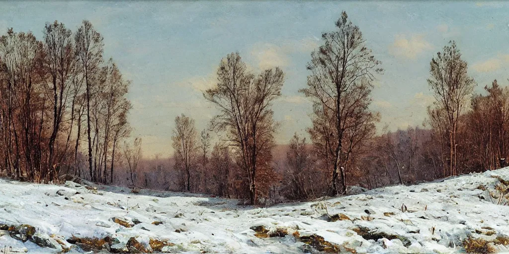 Prompt: summer flowers in snow landscape, field, forest, river, matte painting, by Isaac Levitan and Vasily Perov