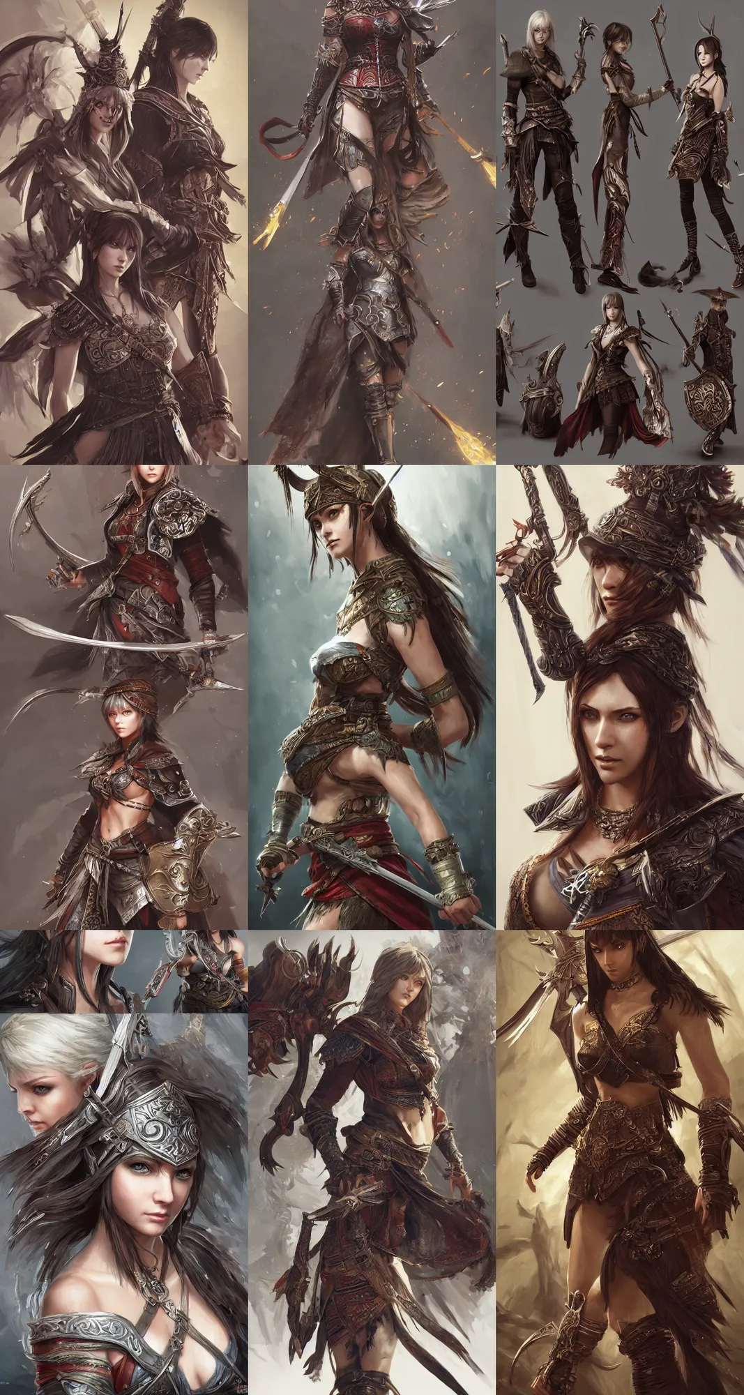 Prompt: highly detailed paintings of character concept and fashion art spot illustrations from the xena warrior princess and assassin's creed 2 and final fantasy 1 2 crossover, hyper detailed, digital art, trending on artstation, cinematic lighting, studio quality, smooth, sharp details, in the style of nixeu and fenghua zhong.