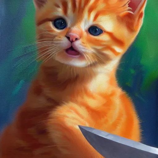 Image similar to knife palette oil painting of an orange tabby kitten with a 5 year old girl with curly blonde hair