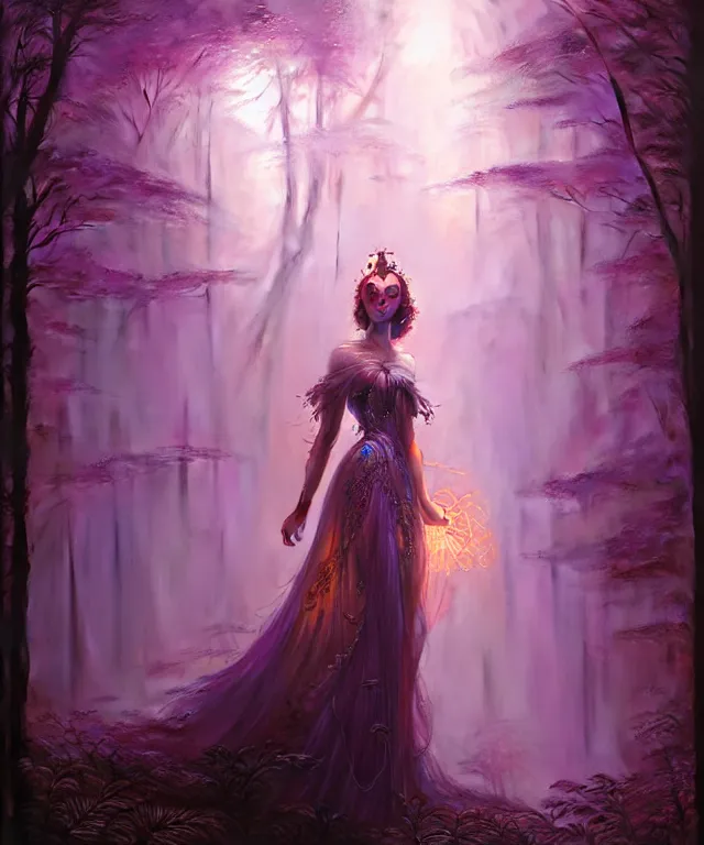 Prompt: ultra detailed, magical realism, portrait painting, of the beautiful empress within the enchanted glowing purple forest, volumetric lighting, depth of field, illusion, intricate details, by greg rutkowski, peter mohrbacher and peter coulson