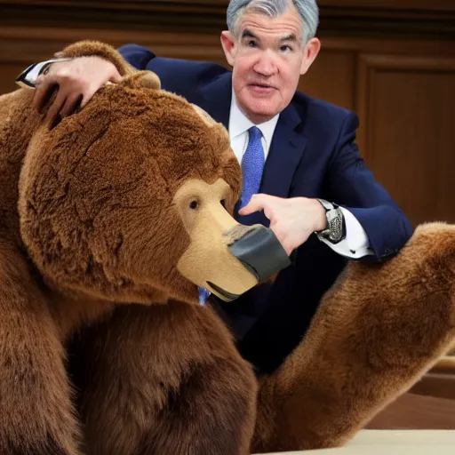 Image similar to Jerome Powell is sitting on top of a bear. Jerome powell is riding the bear like a horse.