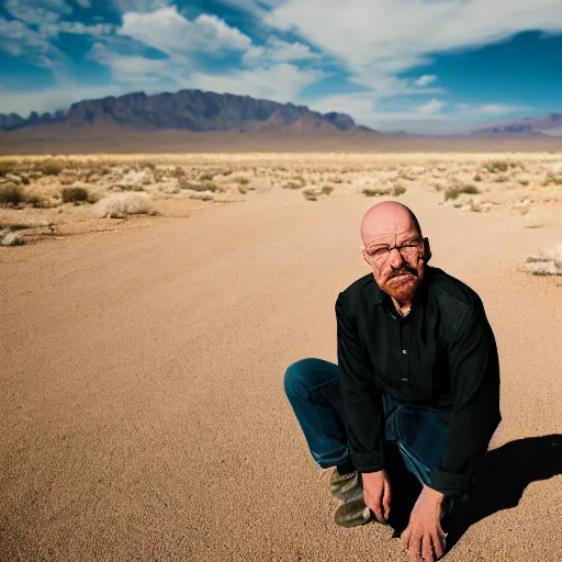 Prompt: A photo of Walter White, cinematic lighting, New Mexico desert, XF IQ4, f/1.4, ISO 200, 1/160s, 8K, RAW, unedited, symmetrical balance, in-frame, Facial Retouch